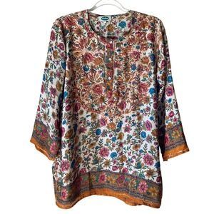 Dolma Hand Embroidered Floral Print Silk Blend Tunic Top Womens Sz XL Boho